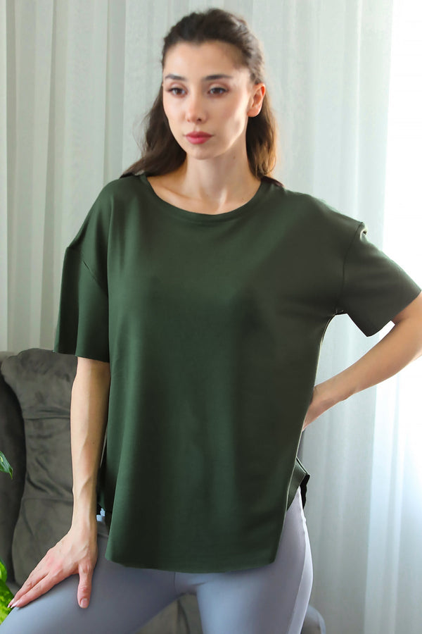 T - Shirt Met Afgeronde Zoom En Ronde Hals – Khaki