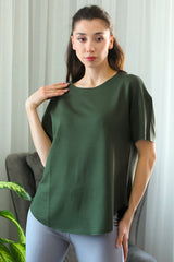 T - Shirt Met Afgeronde Zoom En Ronde Hals – Khaki