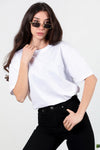 Kadın Yan Yırtmaçlı Bisiklet Yaka Oversize Tshirt  Ekru