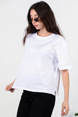 Kadın Yan Yırtmaçlı Bisiklet Yaka Oversize Tshirt  Ekru