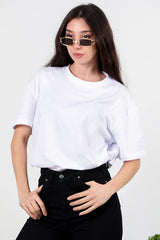 Kadın Yan Yırtmaçlı Bisiklet Yaka Oversize Tshirt  Ekru