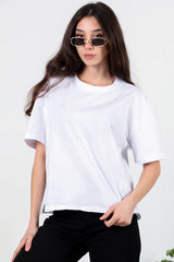 Kadın Yan Yırtmaçlı Bisiklet Yaka Oversize Tshirt  Ekru