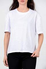 Kadın Yan Yırtmaçlı Bisiklet Yaka Oversize Tshirt  Ekru