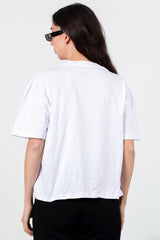 Kadın Yan Yırtmaçlı Bisiklet Yaka Oversize Tshirt  Ekru