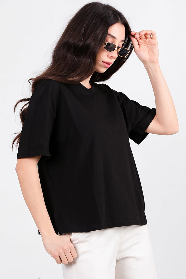 Oversized T - Shirt Met Zijsplit, Ronde Hals — Zwart