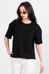 Oversized T - Shirt Met Zijsplit, Ronde Hals — Zwart
