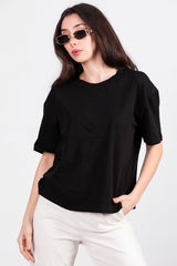 Oversized T - Shirt Met Zijsplit, Ronde Hals — Zwart