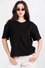 Oversized T - Shirt Met Zijsplit, Ronde Hals — Zwart