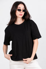 Oversized T - Shirt Met Zijsplit, Ronde Hals — Zwart
