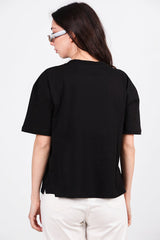 Oversized T - Shirt Met Zijsplit, Ronde Hals — Zwart