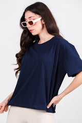 Kadın Yan Yırtmaçlı Bisiklet Yaka Oversize Tshirt  Lacivert