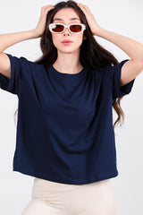 Kadın Yan Yırtmaçlı Bisiklet Yaka Oversize Tshirt  Lacivert