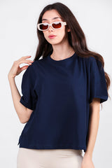 Kadın Yan Yırtmaçlı Bisiklet Yaka Oversize Tshirt  Lacivert