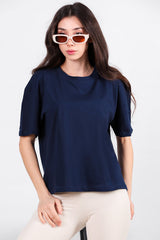 Kadın Yan Yırtmaçlı Bisiklet Yaka Oversize Tshirt  Lacivert