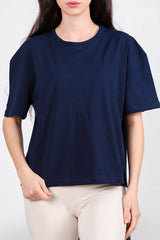 Kadın Yan Yırtmaçlı Bisiklet Yaka Oversize Tshirt  Lacivert