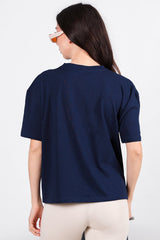 Kadın Yan Yırtmaçlı Bisiklet Yaka Oversize Tshirt  Lacivert