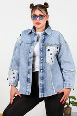 Plus‑Size Denim Jacket With Star Detail