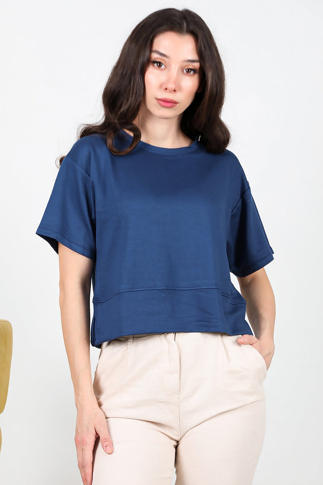 T - Shirt Met Ronde Hals En Zijsplit – Donkerblauw