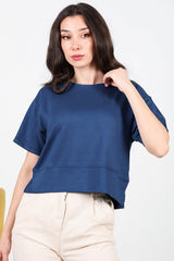 T - Shirt Met Ronde Hals En Zijsplit – Donkerblauw