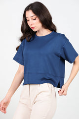 T - Shirt Met Ronde Hals En Zijsplit – Donkerblauw