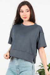 T - Shirt Mit Rundhalsausschnitt Und Seitenschlitzen – Anthrazit