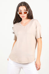 T - Shirt Met V - Hals En Ovalen Zoom — Taupe