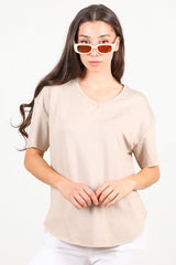 T - Shirt Met V - Hals En Ovalen Zoom — Taupe