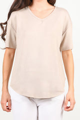 T - Shirt Met V - Hals En Ovalen Zoom — Taupe
