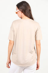 T - Shirt Met V - Hals En Ovalen Zoom — Taupe