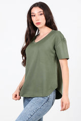T - Shirt Met V - Hals En Ovalen Zoom — Khaki