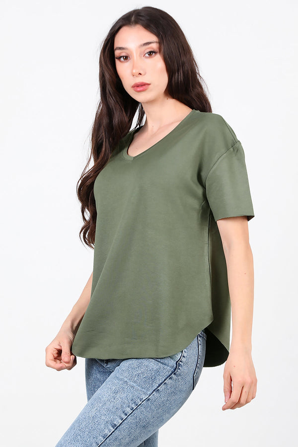 V - Neck T - Shirt With Oval Hem — Khaki