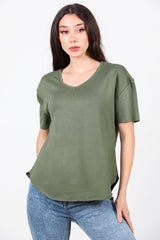 T - Shirt Met V - Hals En Ovalen Zoom — Khaki