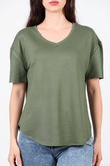 T - Shirt Met V - Hals En Ovalen Zoom — Khaki