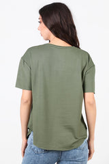 T - Shirt Met V - Hals En Ovalen Zoom — Khaki