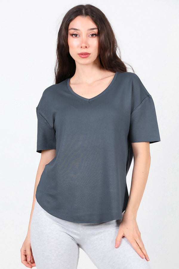 T - Shirt Met V - Hals En Afgeronde Zoom, Antraciet