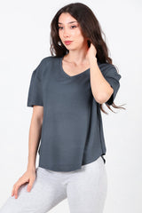 T - Shirt Met V - Hals En Afgeronde Zoom, Antraciet