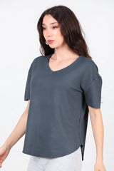 T - Shirt Met V - Hals En Afgeronde Zoom, Antraciet