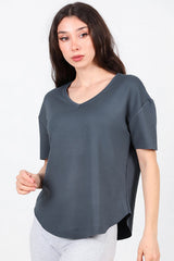 T - Shirt Met V - Hals En Afgeronde Zoom, Antraciet