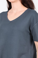 T - Shirt Met V - Hals En Afgeronde Zoom, Antraciet