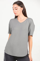 T - Shirt Met V - Hals En Afgeronde Zoom, Grijs