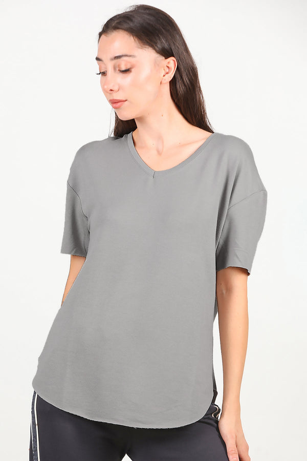 T - Shirt Met V - Hals En Afgeronde Zoom, Grijs