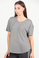 T - Shirt Met V - Hals En Afgeronde Zoom, Grijs