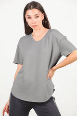 T - Shirt Met V - Hals En Afgeronde Zoom, Grijs