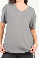 T - Shirt Met V - Hals En Afgeronde Zoom, Grijs
