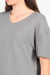 T - Shirt Met V - Hals En Afgeronde Zoom, Grijs