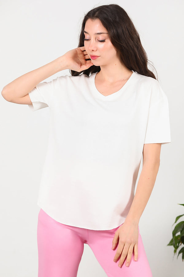 T - Shirt Met V - Hals En Afgeronde Zoom, Ecru