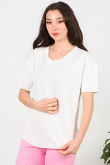 T - Shirt Met V - Hals En Afgeronde Zoom, Ecru