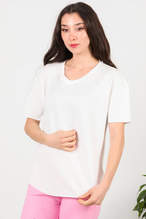 T - Shirt Met V - Hals En Afgeronde Zoom, Ecru