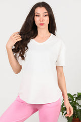 T - Shirt Met V - Hals En Afgeronde Zoom, Ecru