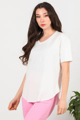 T - Shirt Met V - Hals En Afgeronde Zoom, Ecru